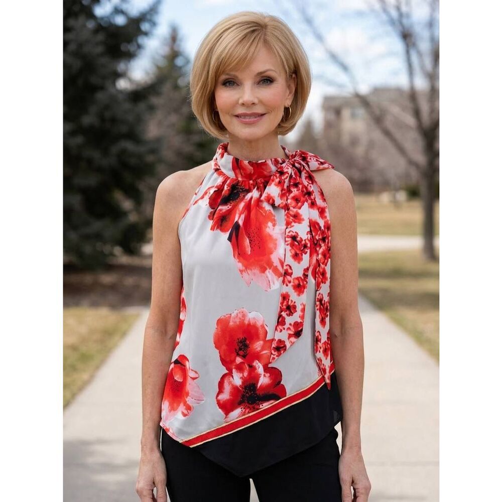 🔺️New York & Co Gray & Red Floral Sleeveless Halter Top Medium